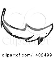 Clipart Of A Black And White Woodcut Diving Shark Royalty Free Vector Illustration