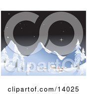 Small Mountain Village At The Foot Of Mountains Covered In Snow Under A Starry Night Sky In The Winter Clipart Illustration by Rasmussen Images