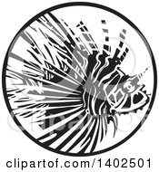 Poster, Art Print Of Black And White Woodcut Lionfish In A Circle