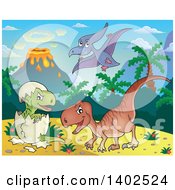 Clipart Of Dinosaurs In A Volcanic Landscape Royalty Free Vector Illustration