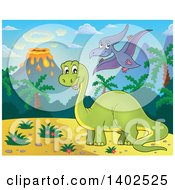 Apatosaurus And Pterodactyl Dinosaurs In A Volcanic Landscape