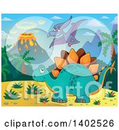 Stegosaur Dinosaur And Pterodactyl In A Volcanic Landscape