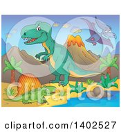 Poster, Art Print Of Dinosaurs In A Volcanic Landscape