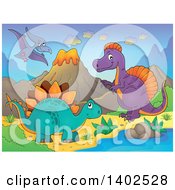 Clipart Of Pterodactyl Stegosaur And Spinosaurus Dinosaurs In A Volcanic Landscape Royalty Free Vector Illustration