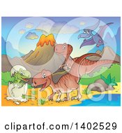 Poster, Art Print Of Dinosaurs In A Volcanic Landscape