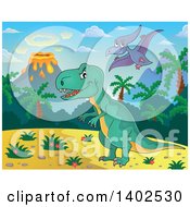 Poster, Art Print Of Pterodactyl And T Rex Dinosaurs In A Volcanic Landscape