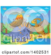 Triceratops Dinosaur And Parasaurolophus In A Volcanic Landscape