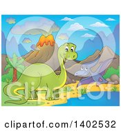 Poster, Art Print Of Apatosaurus And Pterodactyl Dinosaurs In A Volcanic Landscape