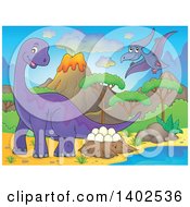 Poster, Art Print Of Apatosaurus And Pterodactyl Dinosaurs In A Volcanic Landscape