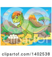 Poster, Art Print Of Pachycephalosaurus Dinosaur And Nest Of Eggs By A Volcano