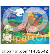 Clipart Of Dinosaurs In A Volcanic Landscape At Night Royalty Free Vector Illustration