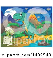 Poster, Art Print Of Tyrannosaurus Rex Dinosaur And Hatching Baby In A Volcanic Landscape At Night