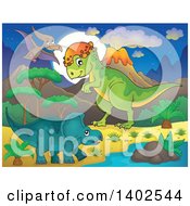 Poster, Art Print Of Dinosaurs In A Volcanic Landscape At Night