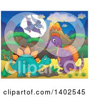 Poster, Art Print Of Pterodactyl Stegosaur And Spinosaurus Dinosaurs In A Volcanic Landscape At Night