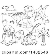 Poster, Art Print Of Black And White Lineart Dinosaurs