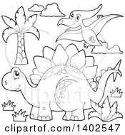 Black And White Lineart Stegosaur Dinosaur And Pterodactyl