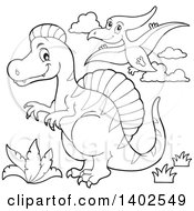 Black And White Spinosaurus And Pterodactyl Dinosaurs