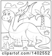Poster, Art Print Of Black And White Lineart Apatosaurus And Pterodactyl Dinosaurs