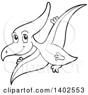 Clipart Of A Black And White Lineart Flying Pterodactyl Dinosaur Royalty Free Vector Illustration