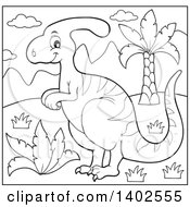 Clipart Of A Black And White Lineart Parasaurolophus Dinosaur Royalty Free Vector Illustration