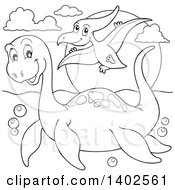 Poster, Art Print Of Black And White Lineart Pliosaur And Pterodactyl Dinosaurs