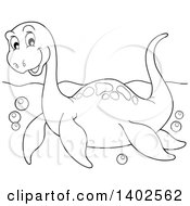 Clipart Of A Black And White Lineart Cute Pliosaur Dinosaur Royalty Free Vector Illustration by visekart