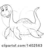 Clipart Of A Black And White Lineart Cute Pliosaur Dinosaur Royalty Free Vector Illustration by visekart