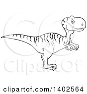 Clipart Of A Black And White Lineart Raptor Dinosaur Royalty Free Vector Illustration