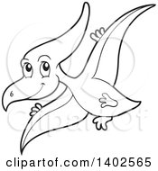 Clipart Of A Black And White Lineart Flying Pterodactyl Dinosaur Royalty Free Vector Illustration