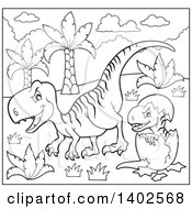 Poster, Art Print Of Black And White Lineart Raptor Dinosaur And Hatching Baby