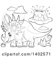 Poster, Art Print Of Black And White Lineart Triceratops Dinosaur And Volcano