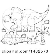Poster, Art Print Of Black And White Lineart Triceratops Dinosaur And Eggs In A Nest