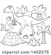 Poster, Art Print Of Black And White Lineart Raptor Dinosaur And Eggs