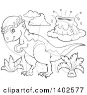 Poster, Art Print Of Black And White Lineart Pachycephalosaurus Dinosaur And Volcano