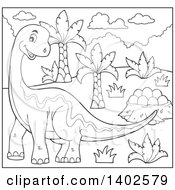 Clipart Of A Happy Black And White Lineart Apatosaurus Dinosaur Royalty Free Vector Illustration