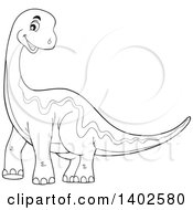 Clipart Of A Happy Black And White Lineart Apatosaurus Dinosaur Royalty Free Vector Illustration