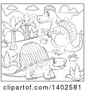 Poster, Art Print Of Black And White Lineart Spinosaurus And Pelycosaur Dinosaurs