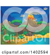 Poster, Art Print Of Prehistoric Landscape Of A Volcano Erupting And A Tropical Shore At Night