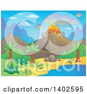 Poster, Art Print Of Prehistoric Landscape Of A Volcano Erupting And A Tropical Shore
