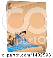 Clipart Of A Parchment Scroll Page Of A Sailor Boy Looking Out Of A Submarine Hatch Royalty Free Vector Illustration by visekart