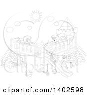 Poster, Art Print Of Black And White Lineart Group Of Happy Caucasian Children Playing On A Playground