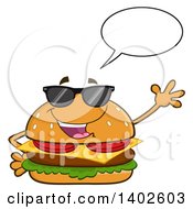Cheeseburger Character Mascot Wearing Sunglasses Talking And Waving