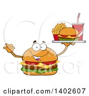 Cheeseburger Character Mascot Gesturing Ok And Holding A Tray Of Food