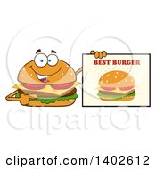 Cheeseburger Character Mascot Pointing To A Best Burger Sign