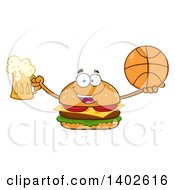 Cheeseburger Character Mascot Holding A Beer And Basketball
