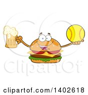 Cheeseburger Character Mascot Holding A Beer And Softball