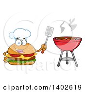 Chef Cheeseburger Character Mascot Holding A Spatula By A Bbq