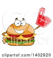 Poster, Art Print Of Cheeseburger Character Mascot Wearing A Foam Finger