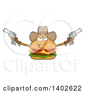 Cowboy Cheeseburger Character Mascot Holding Pistols