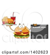 Cheeseburger Character Mascot Holding A Tray And Pointing To A Menu